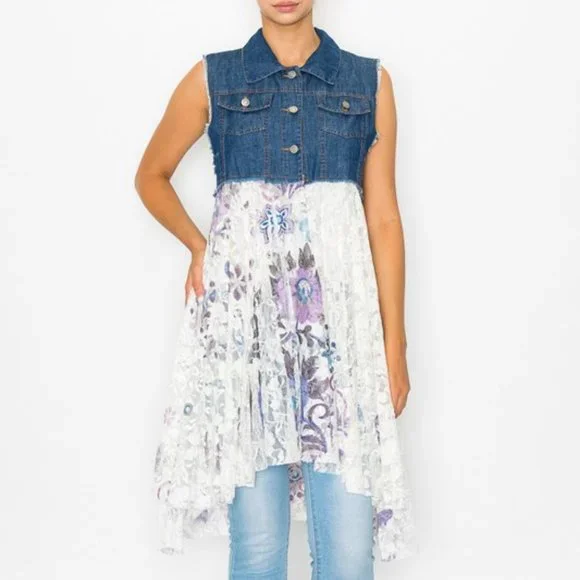 new ORIGAMI DUSTER CARDIGAN VEST FLORAL DENIM & LACE SM-3X western boho chic - Picture 2 of 10